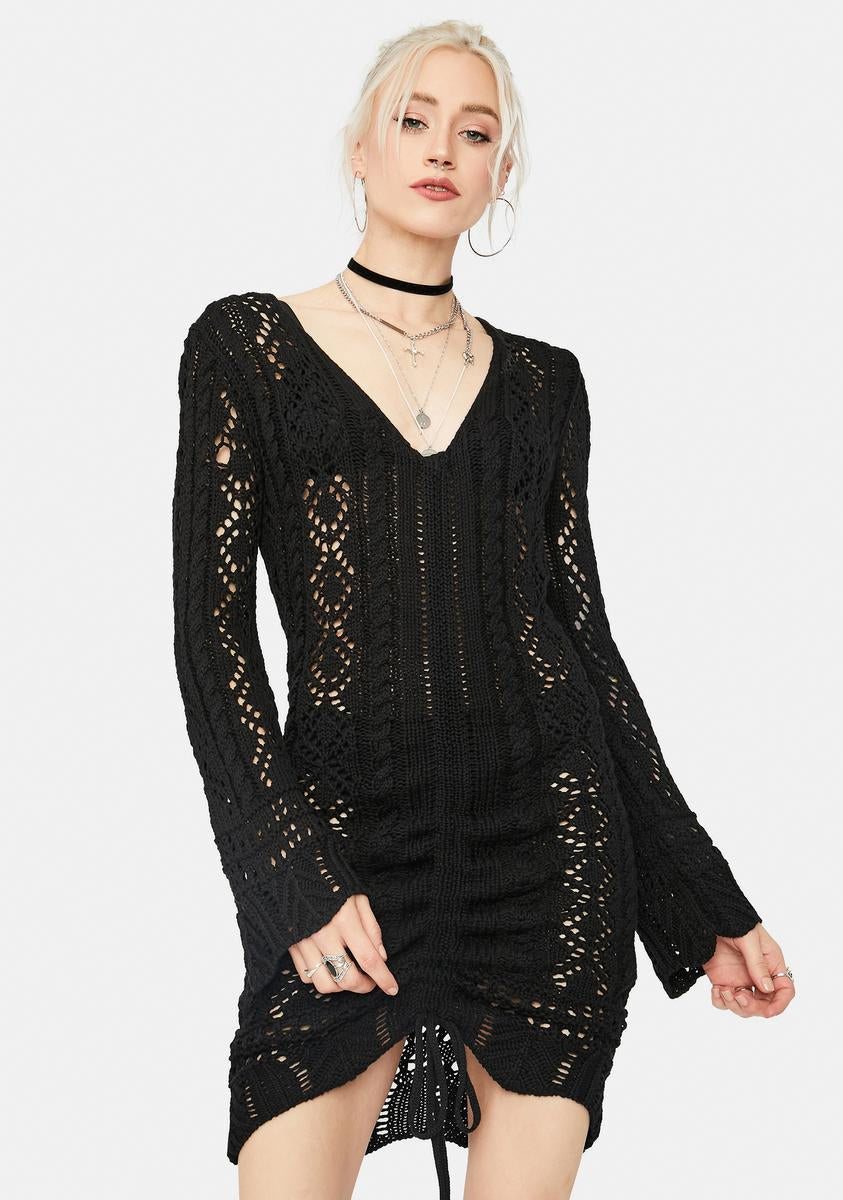 Loose Crochet Long Bell Sleeve Mini Dress - Black – Dolls Kill