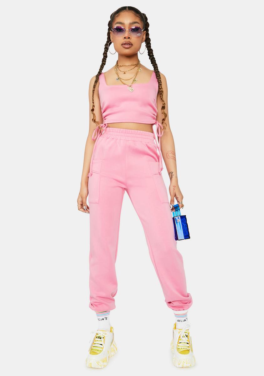 High Waist Joggers And Ruched Side Crop Top Lounge Set - Pink – Dolls Kill