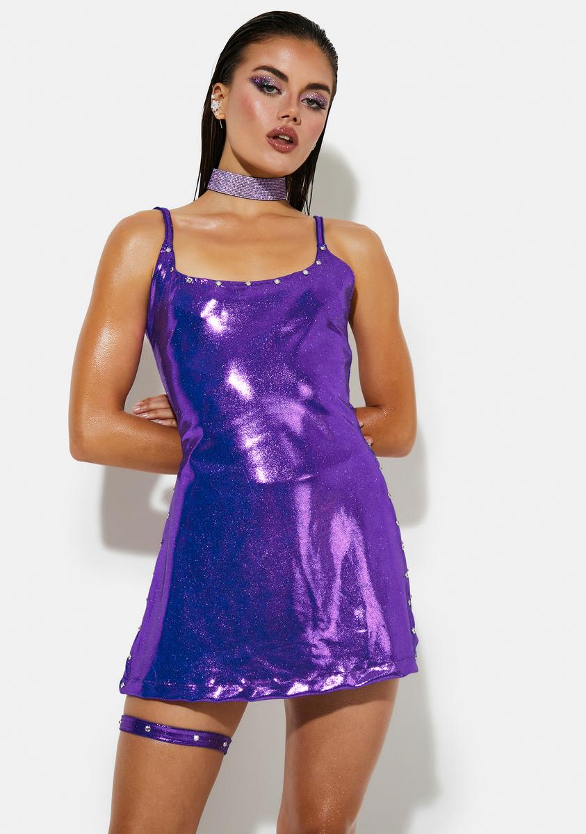 Studded Metallic Mini Dress With Leg Garter - Purple – Dolls Kill