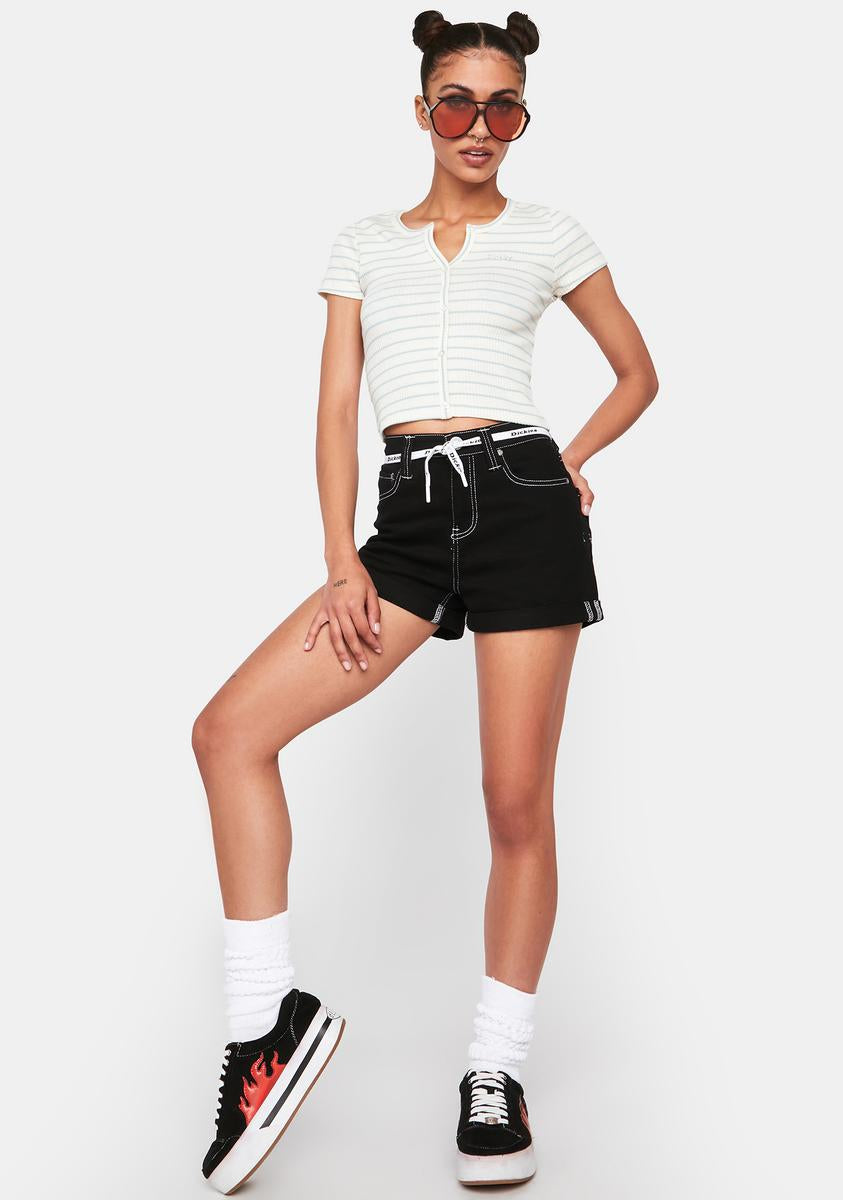Dickies Girl Button Front Notched Crop Tee - Faded Stripe – Dolls Kill