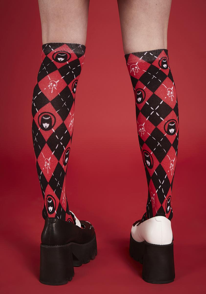 Dolls Kill X Emily The Strange Argyle Knee High Socks - Red