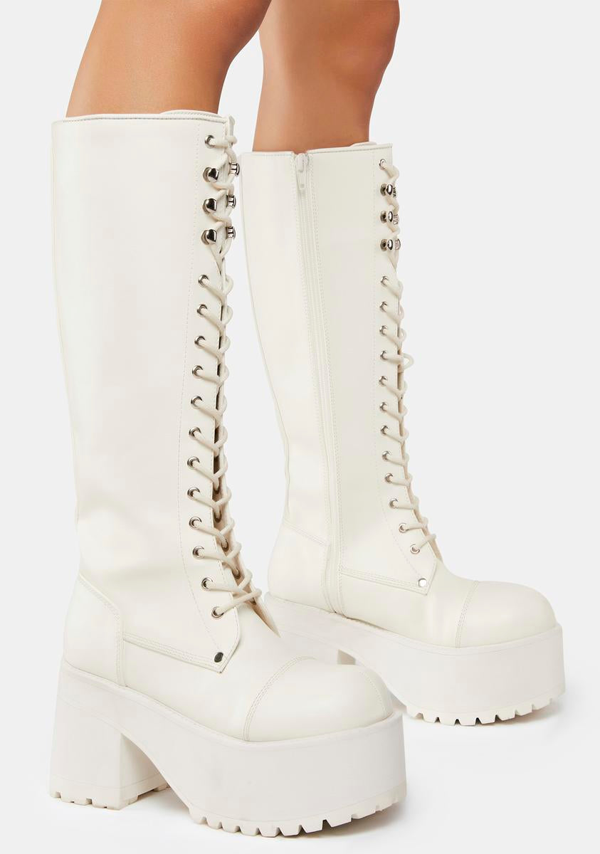 Demonia x Dolls Kill Knee High Lace Up Platform Boots - White