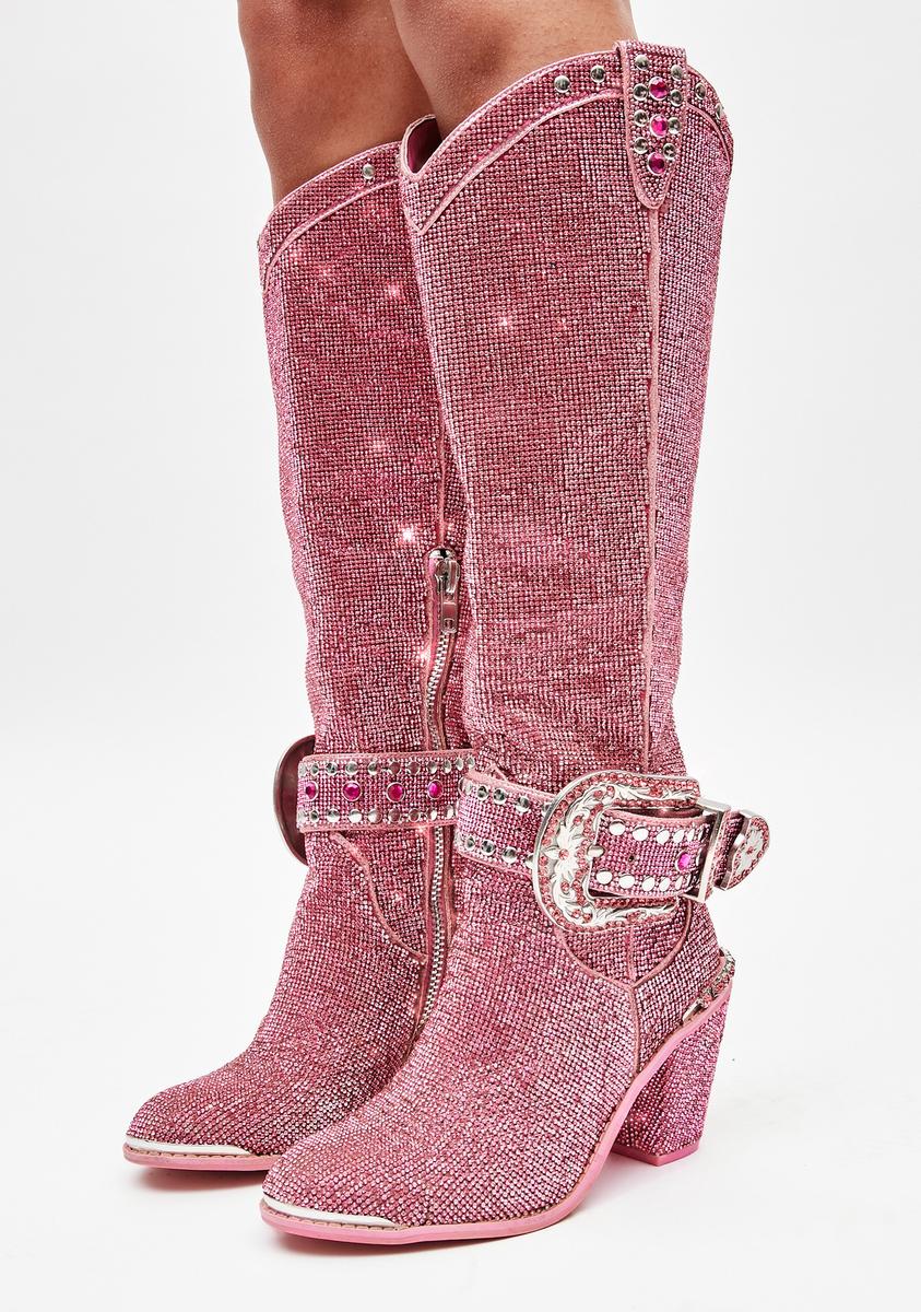 Sugar Thrillz Rhinestone Knee High Cowboy Boots - Pink – Dolls Kill