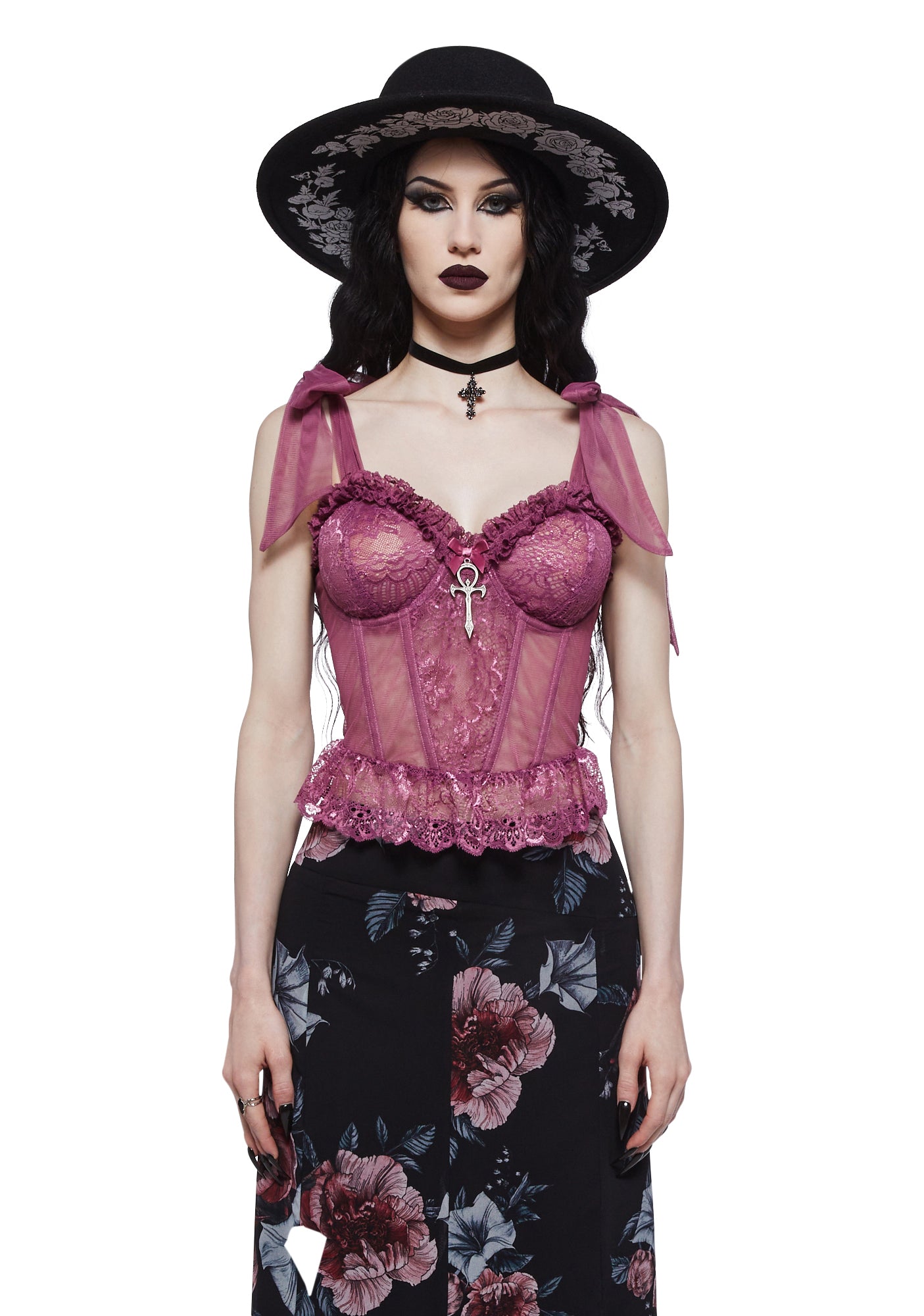 Sugar Thrillz Lace Corset Crop Top With Long Sleeves - Pink