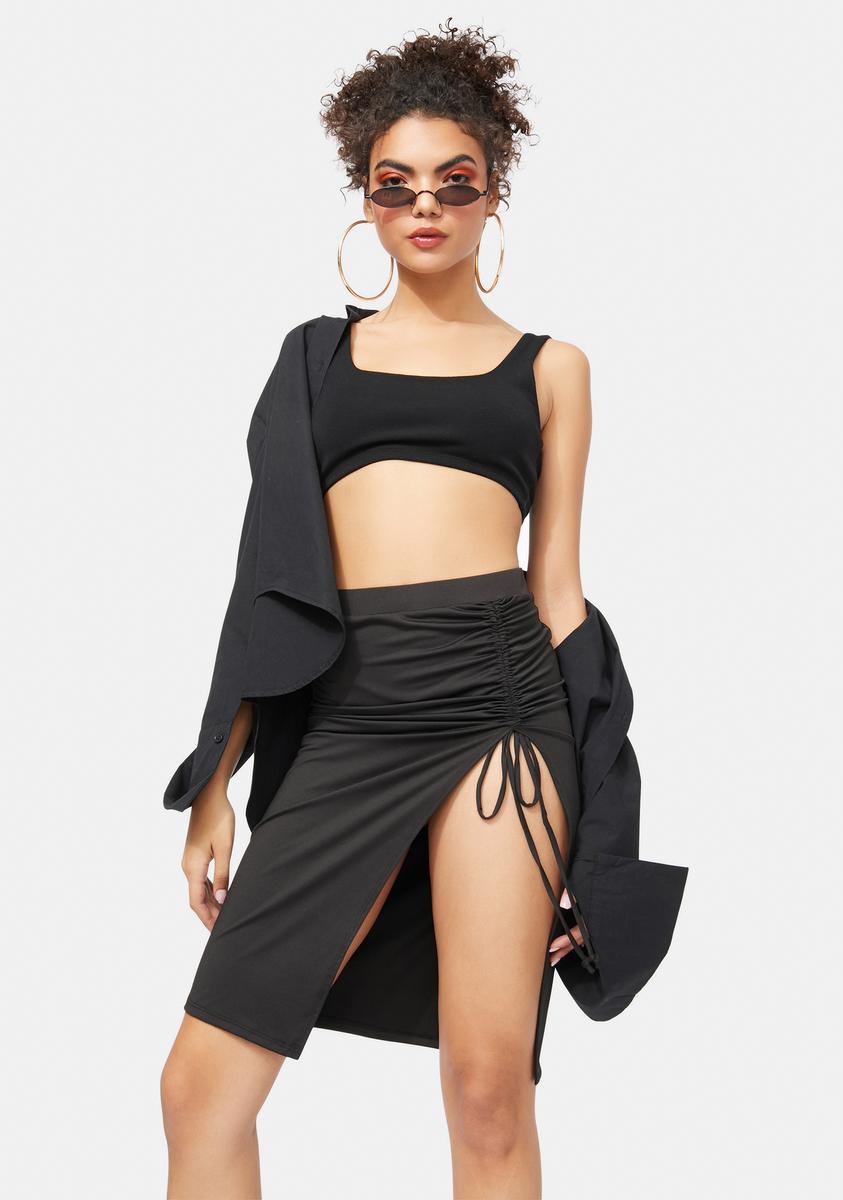 Ruched Midi Skirt With Side Slit - Black – Dolls Kill