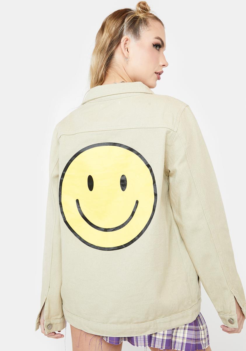 Smile Graphic Denim Jacket - Light Brown – Dolls Kill