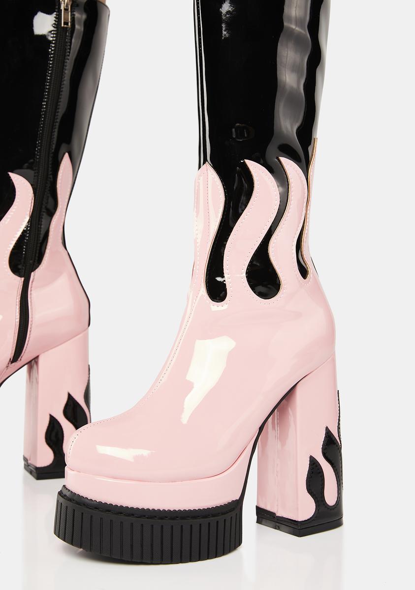 Lamoda Flame Print Calf Boots - Pink/Black#N# – Dolls Kill