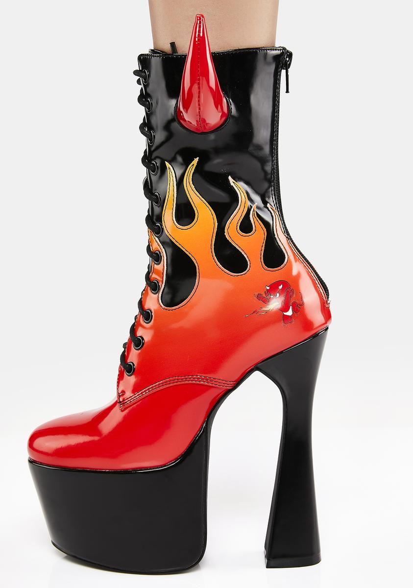 Dolls Kill x Hot Stuff Devil Horned Flame Platform Boots - Black/Red
