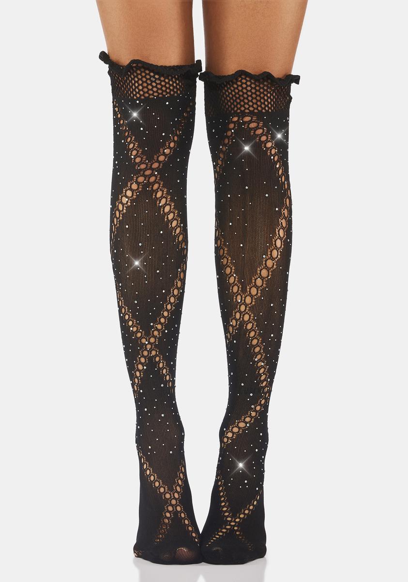 Sheer Thigh Highs With Diamond Fishnet Cutouts And Rhinestones - Black# ...