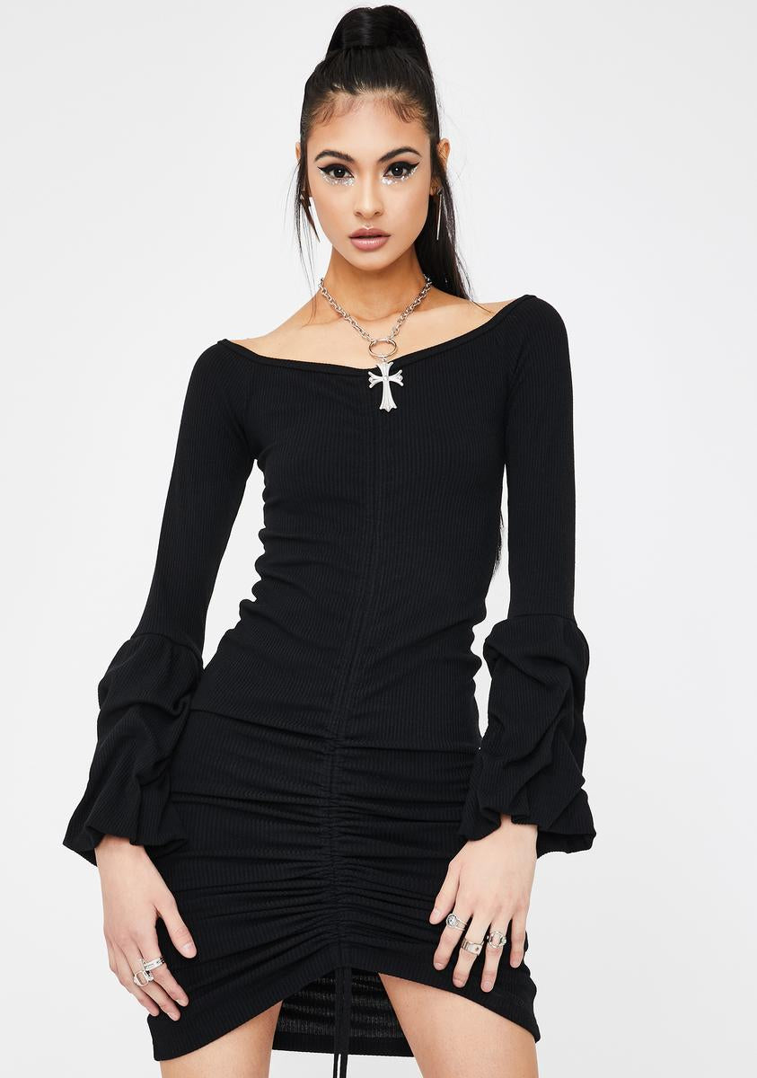 Kiki Riki Long Sleeve Mini Dress Ruched Cinched Boat Neck Black – Dolls ...