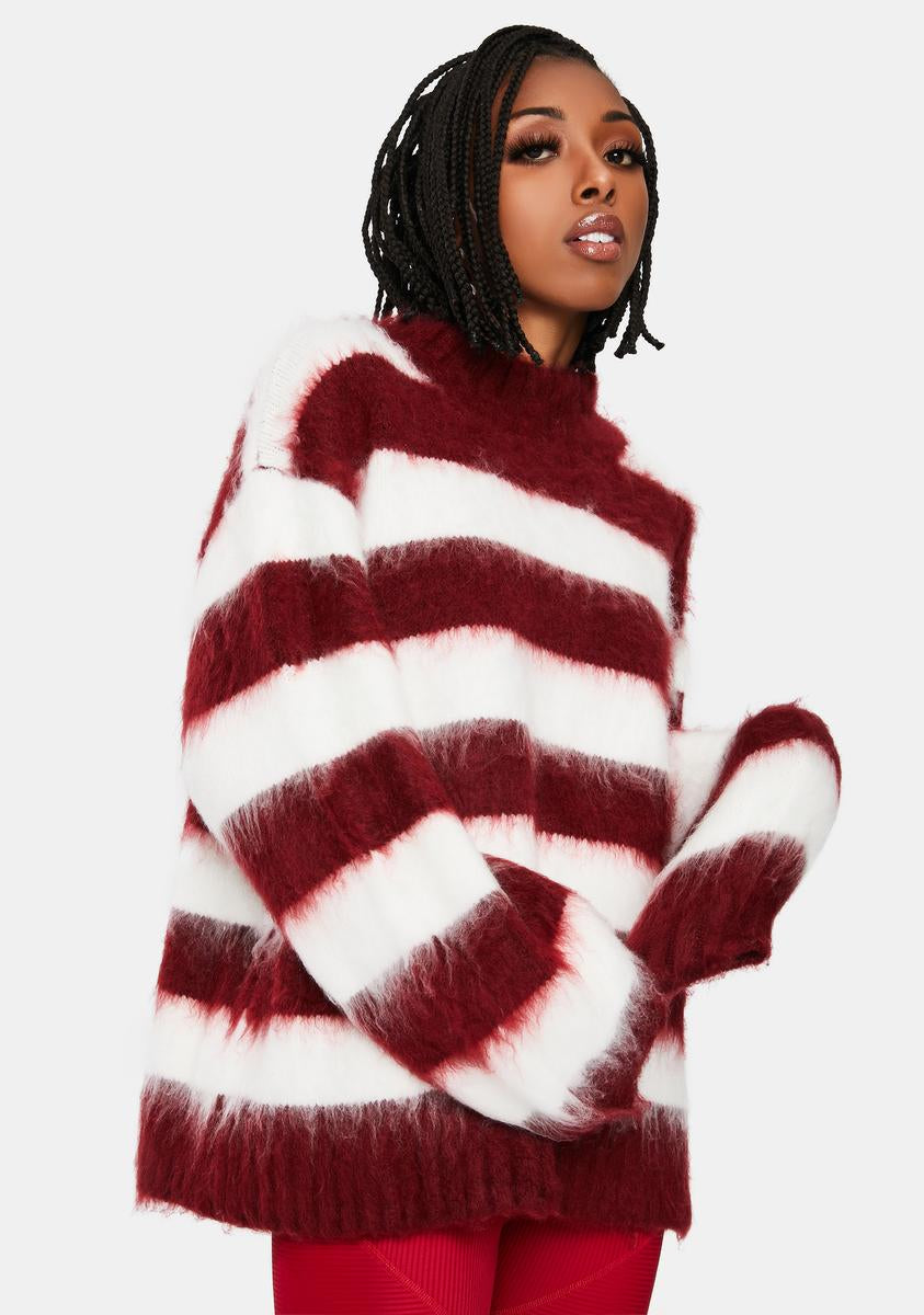 Fuzzy Striped Mock Neck Sweater With Puff Sleeves – Dolls Kill
