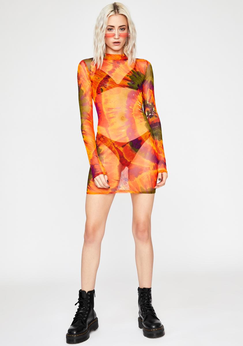 Tie Dye Mesh Dress Sheer Long Sleeve Orange – Dolls Kill