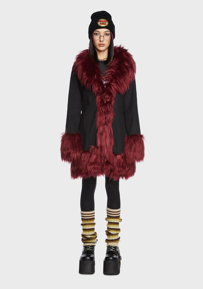 Dolls Kill x Daria I Hate Everybody Faux Fur Trim Coat - Black/Red