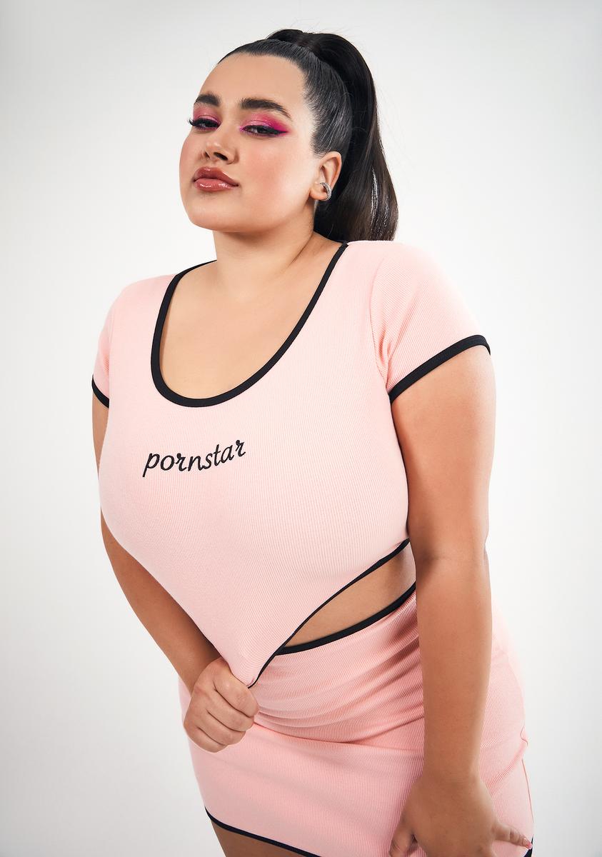 Pink Black Women Porn Star - Plus Size Club Exx Pornstar Ribbed Crop Tee - Light Pink/Black â€“ Dolls Kill