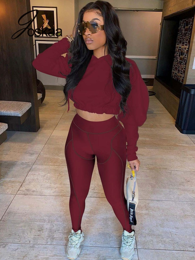 Joskaa Casual Two Piece Set Women Clothes Long Sleeve Hooded Crop Top and Leggings Matching Fall 2021 Fashion Fitness Tracksuits