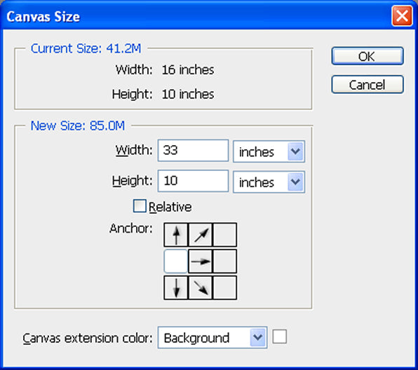 Photoshop canvas size window