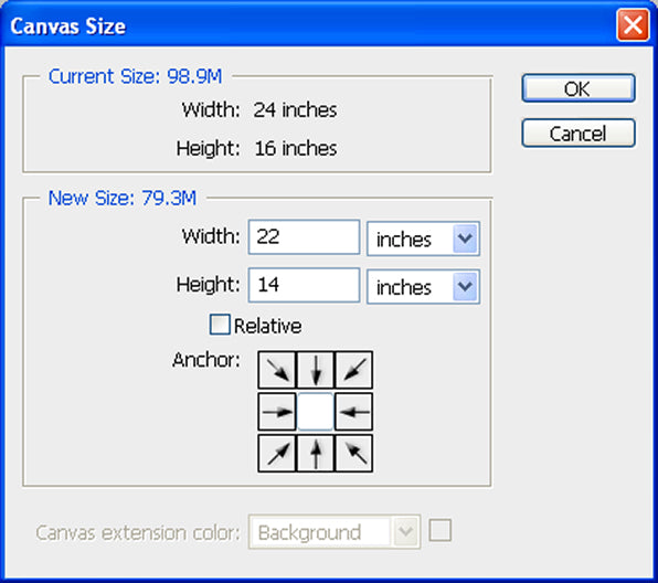 Adobe Photoshop canvas size window