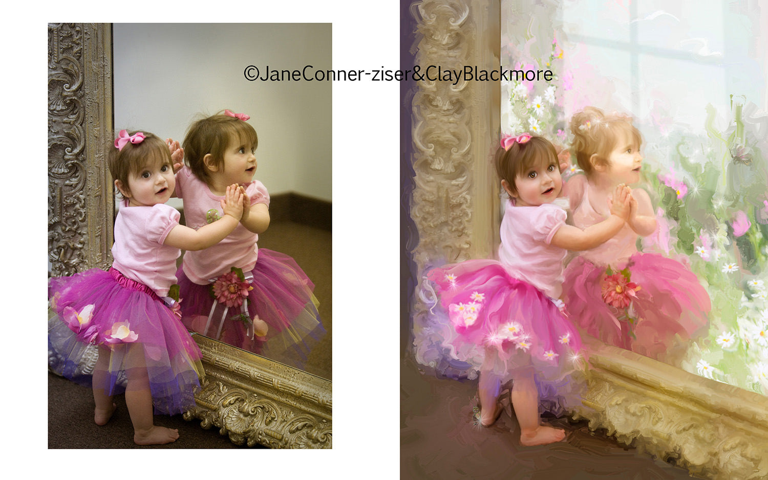 Original picture of a toddler wearing a pink tutu vs a digital version