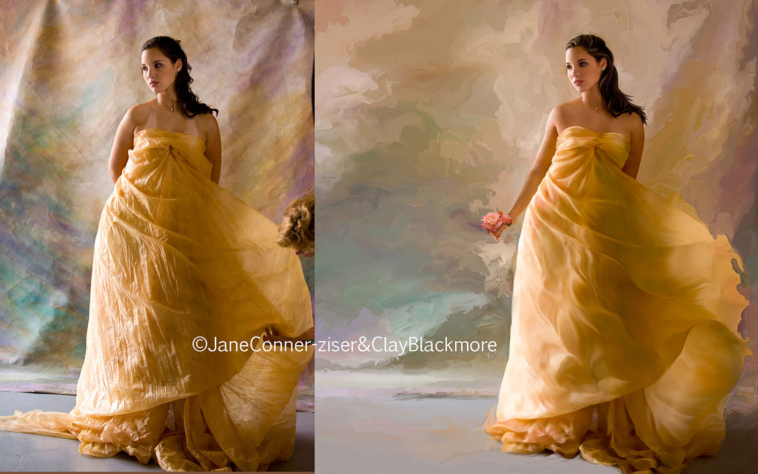 Original picture of a woman in a yellow dress vs a digital version