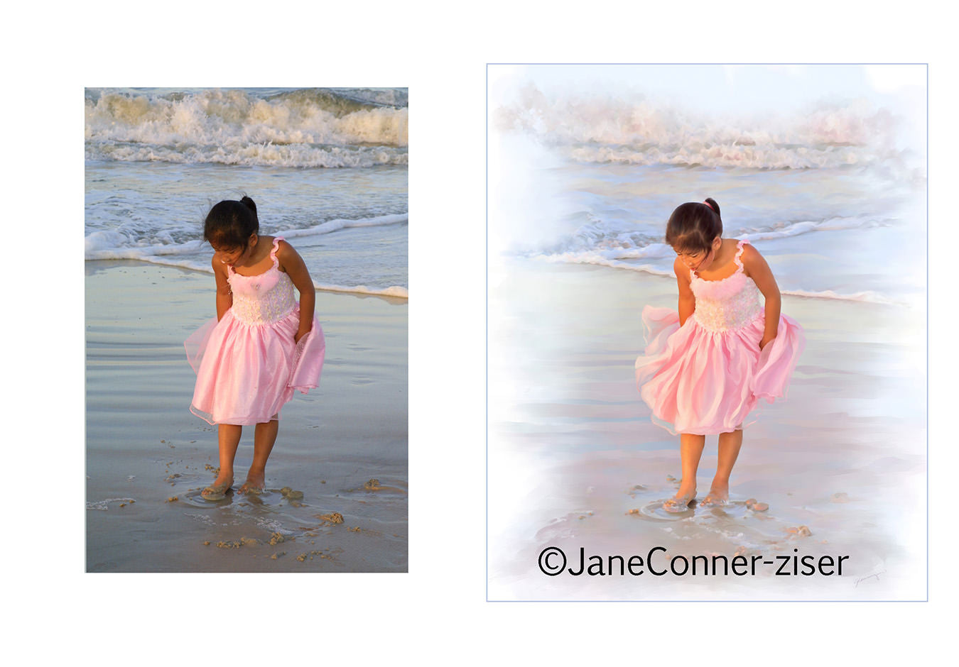 Original picture of a little girl in a pink dress vs a digital version