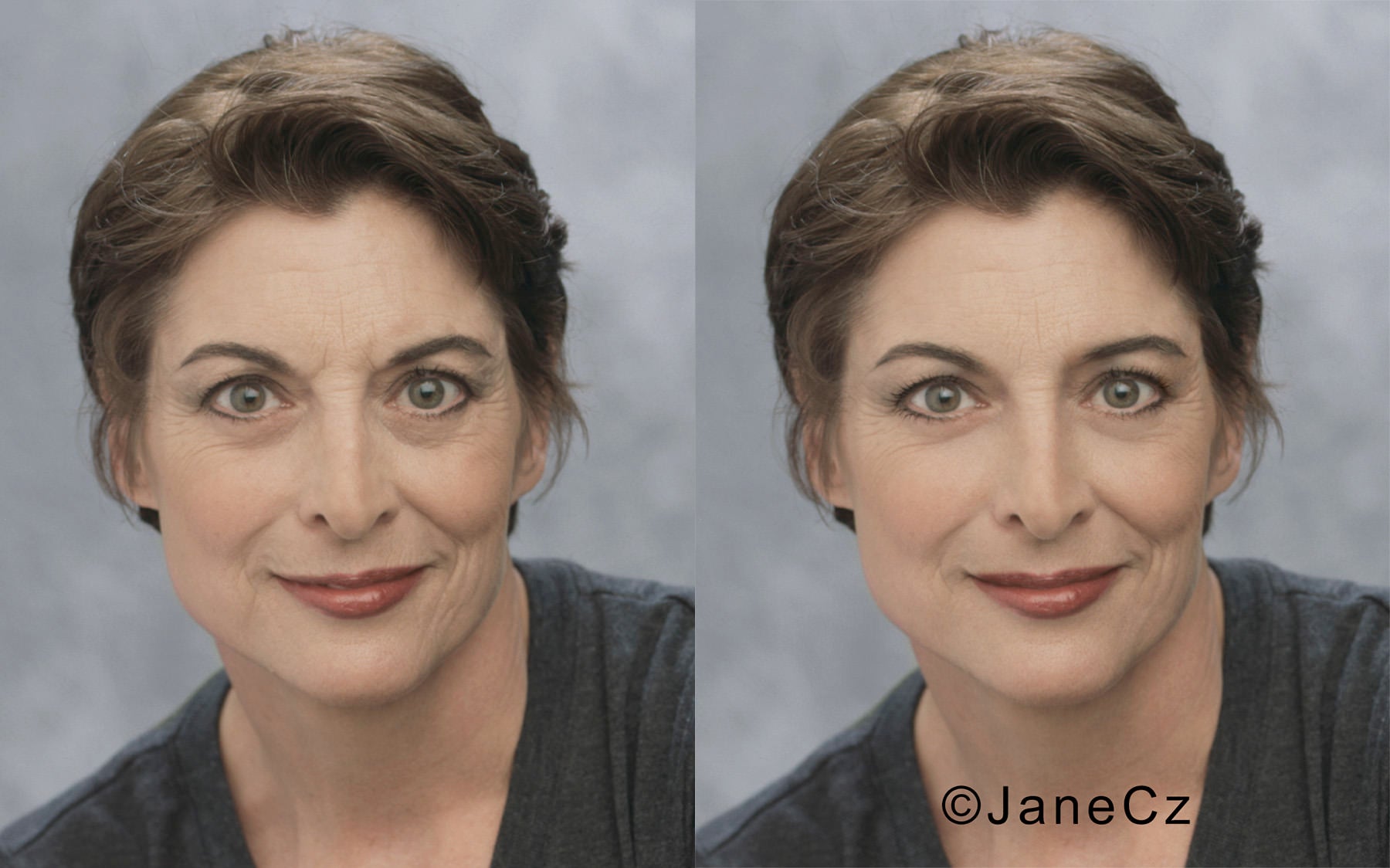 Portrait of a woman before and after using the Photoshop Transform Tool