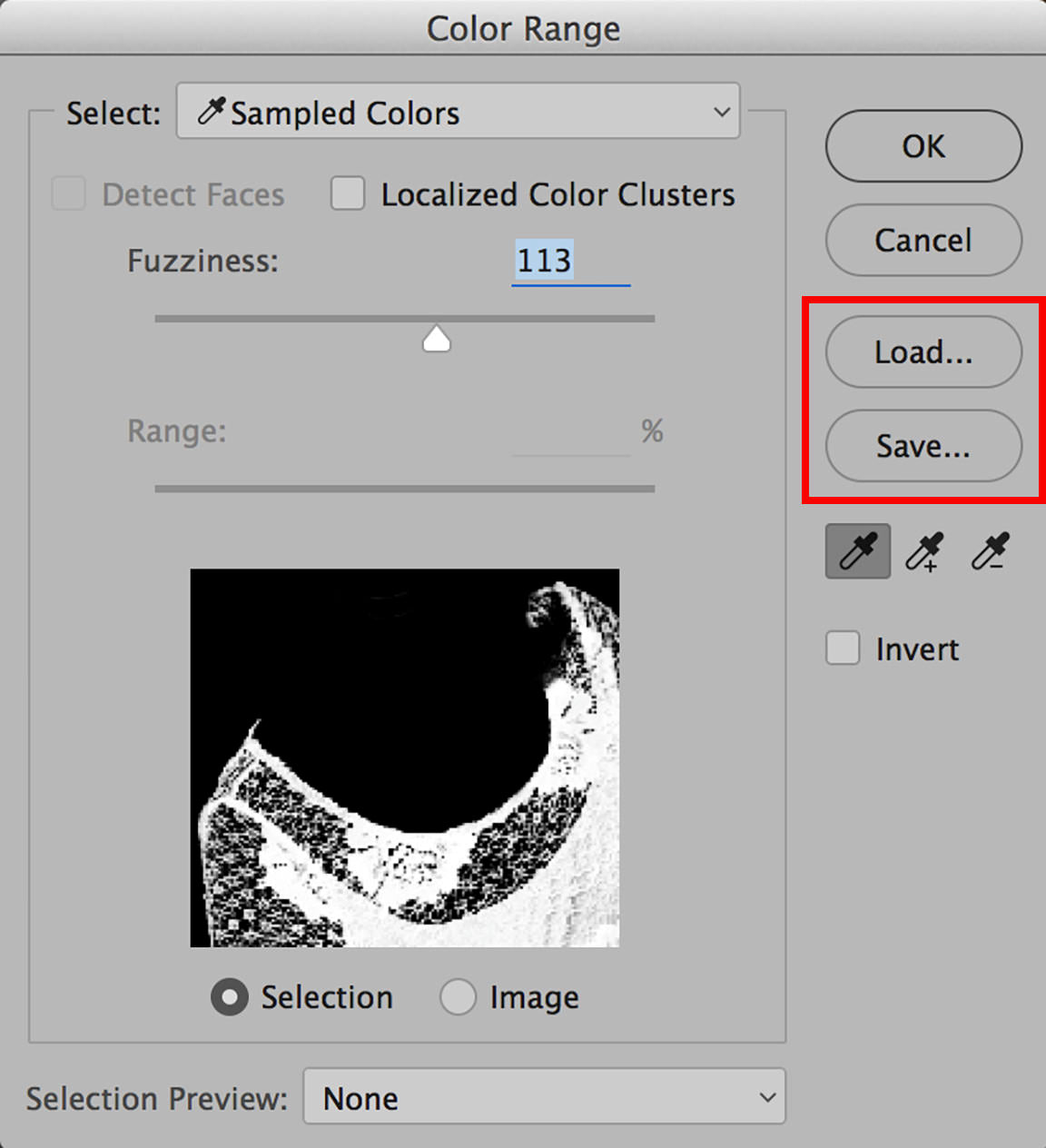 Load and Save options in the Color Range tool