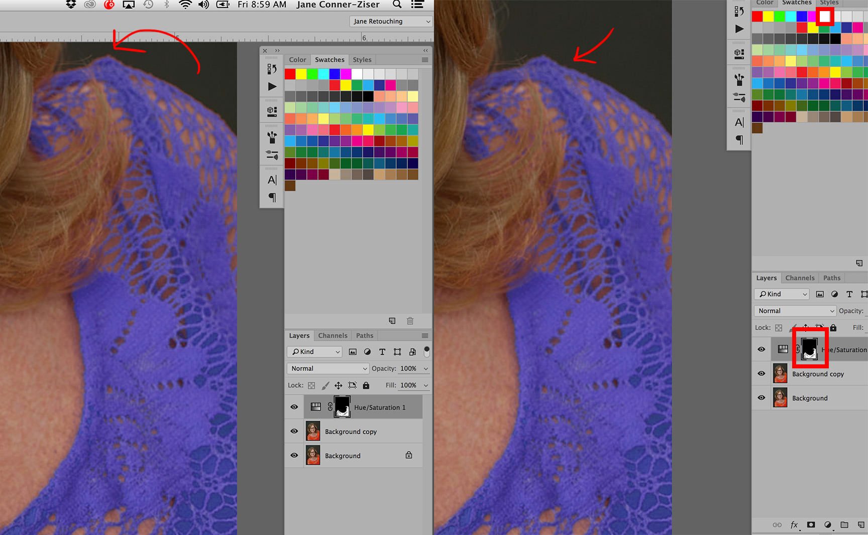 Editing a photo with Color Range of a woman with glasses wearing a lavender blouse