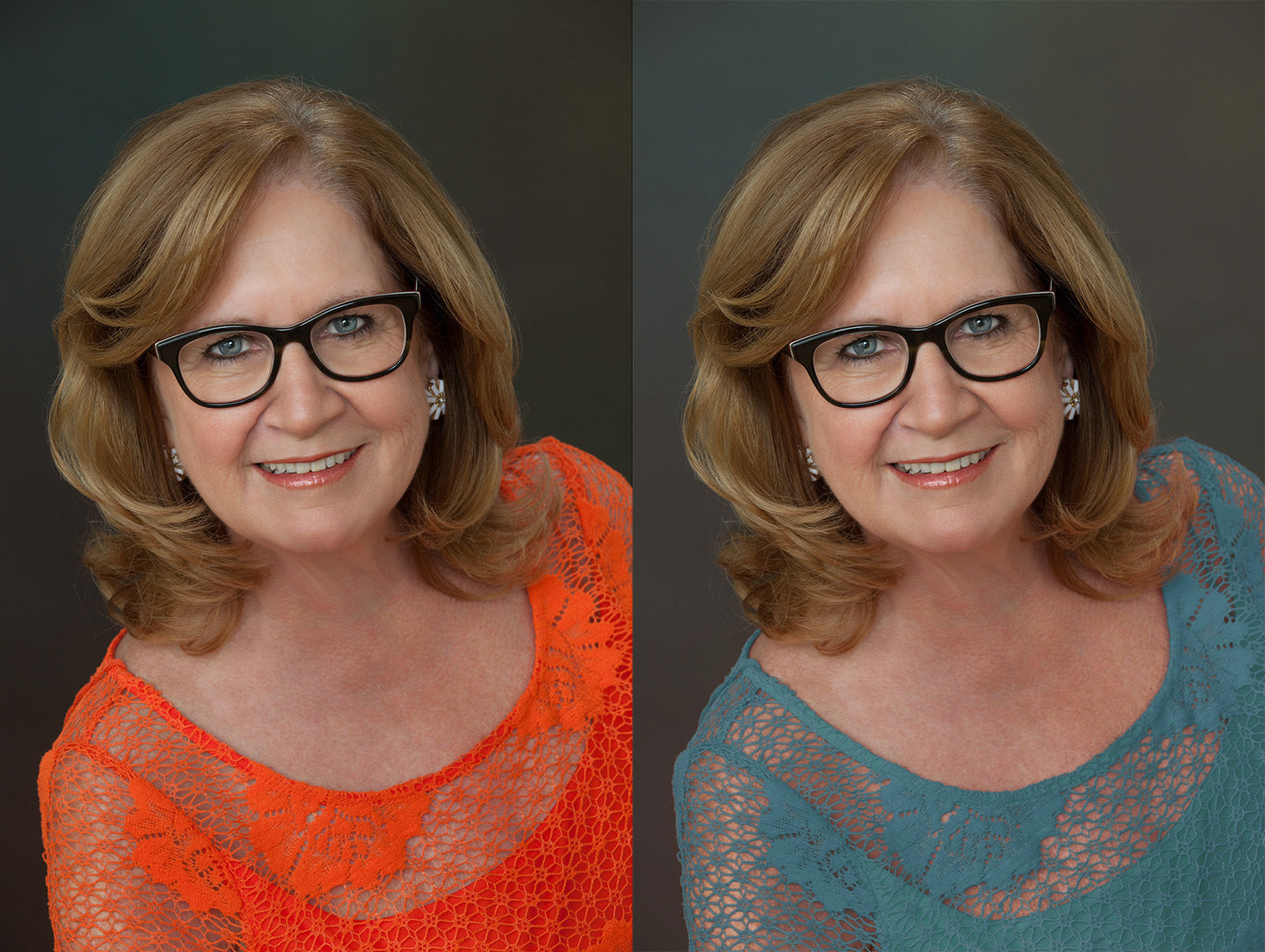 Woman with glasses wearing an orange blouse vs wearing a blue greenish one