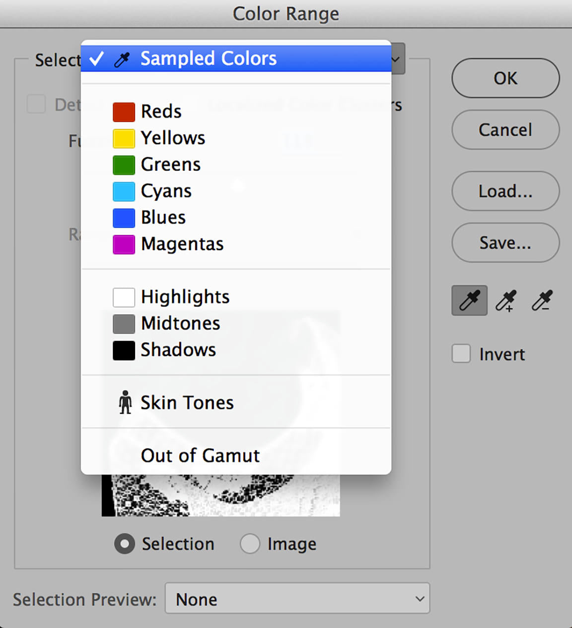 Sample colors in the Color Range tool