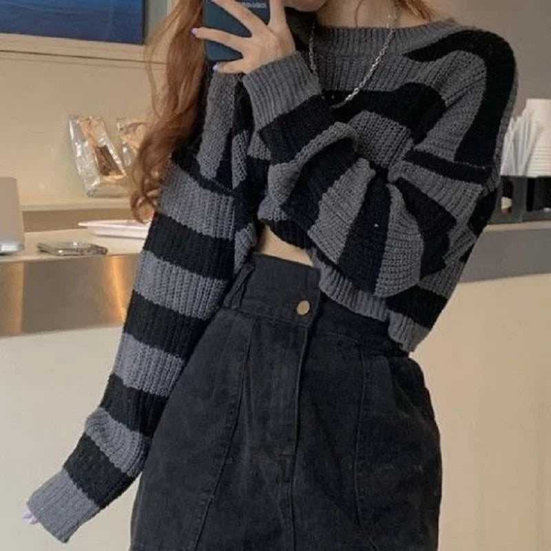 Women Cropped Sweater New Korean Style Striped Cropped Sweater Women