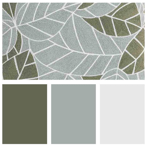 The image shows a colour palette for a Leaf Outdoor Scatter Cushion, with a top section displaying a leafy pattern in shades of green and white, and a bottom section featuring three solid color swatches in olive green, pale blue-green, and white.