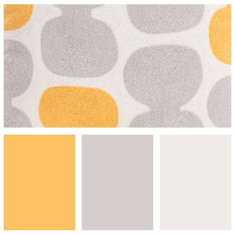 The image shows a color palette with mustard yellow, light grey, and white, alongside a patterned section with grey and yellow spots for an outdoor scatter cushion.