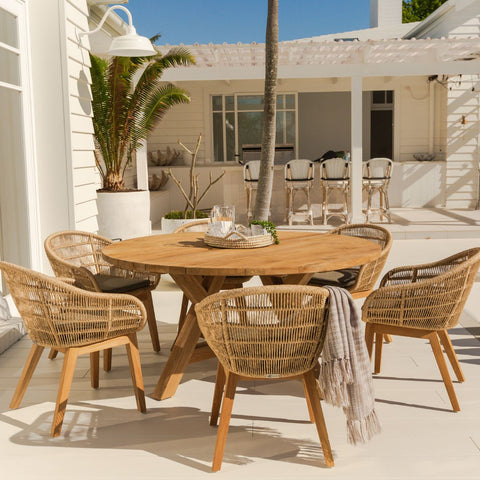 grace recycled teak dining set on poolside