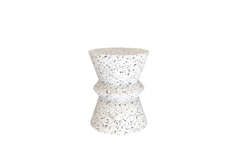 Montreal Outdoor Terrazzo Round Side Table, measuring 36 cm in height, featuring a white and grey speckled design with an hourglass shape.