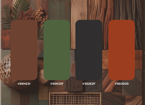 The image presents a color palette with four swatches: deep warm brown (#6D4231), rich olive green (#50633F), charcoals (#302E2F), and rust-reds (#9D3D20), set against a backdrop of Mediterranean-inspired textures.