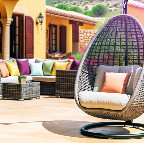 A patio with a Spanish villa feel, featuring a hanging egg chair and colorful cushioned wicker furniture, against a sunny terracotta villa backdrop.