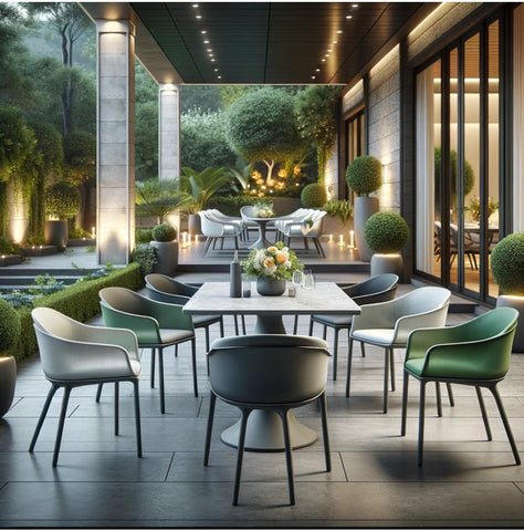 An elegant outdoor dining area with sophisticated Italian-style resin chairs, set against a backdrop of manicured greenery and ambient lighting.