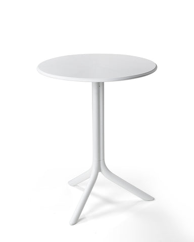 Nardi Spritz Resin Dining Table is a sleek white table with a smooth round top and a central pedestal base that splits into a stable, tripod-like formation at the bottom.