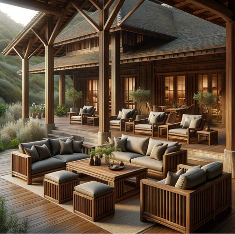 An outdoor area with rustic wooden furniture and grey cushions, reflecting a Spanish finca style amidst wild grasses for a tranquil oasis vibe.