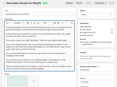 The product description field in Shopify's admin