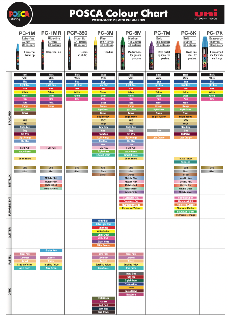 uni POSCA Colour Chart 2022