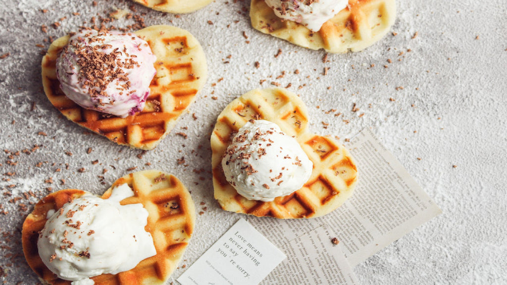 heart-shaped waffles with ice cream