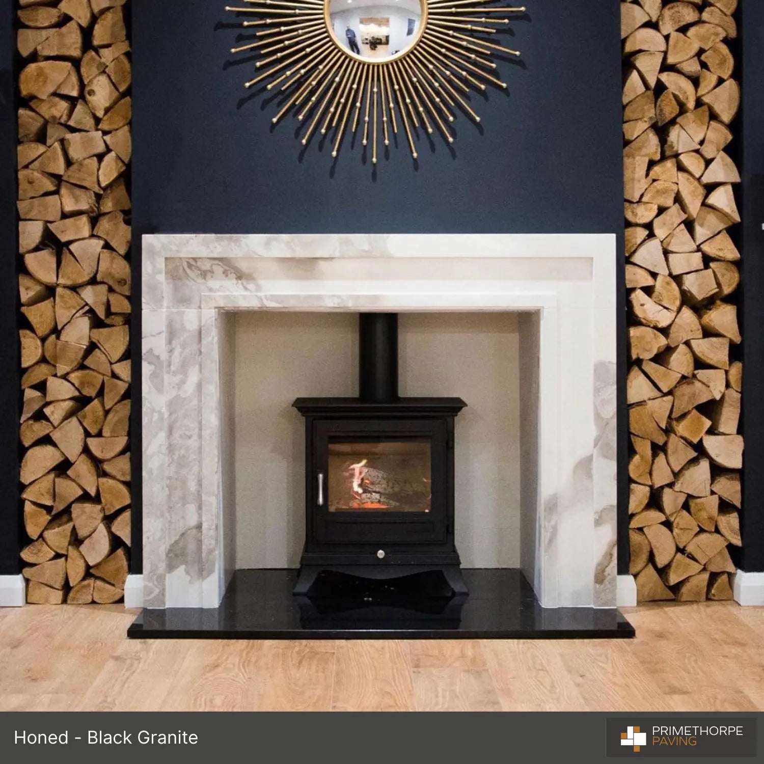 custom granite hearth in a modern living room