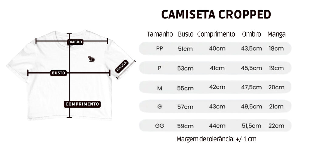 Tabela de medidas com informações dos tamanhos da camiseta cropped