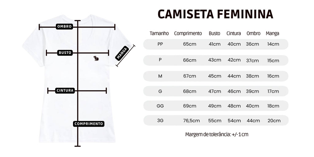 Tabela de medidas com informações dos tamanhos da camiseta feminina