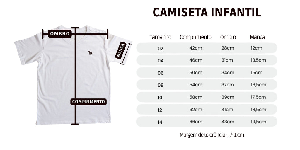 Tabela de medidas com informações dos tamanhos da camiseta infantil