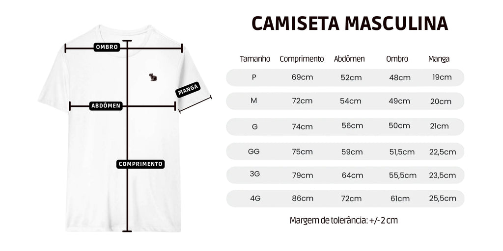 Tabela de medidas com informações dos tamanhos da camiseta masculina