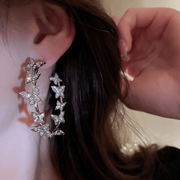 Silver Hoop Butterfly Earrings
