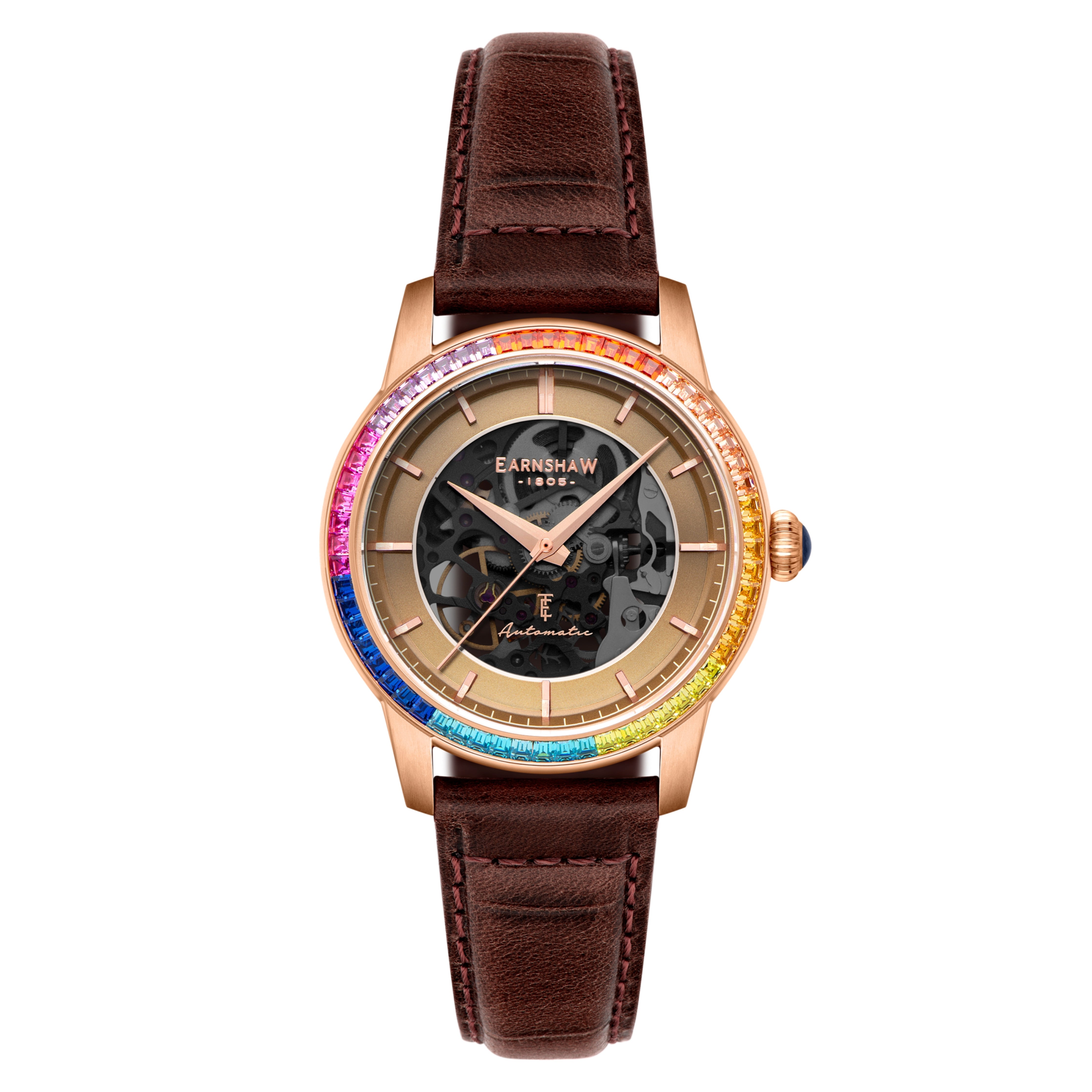 A colorful gemstone bezel watch by the brand Thomas Earnshaw.