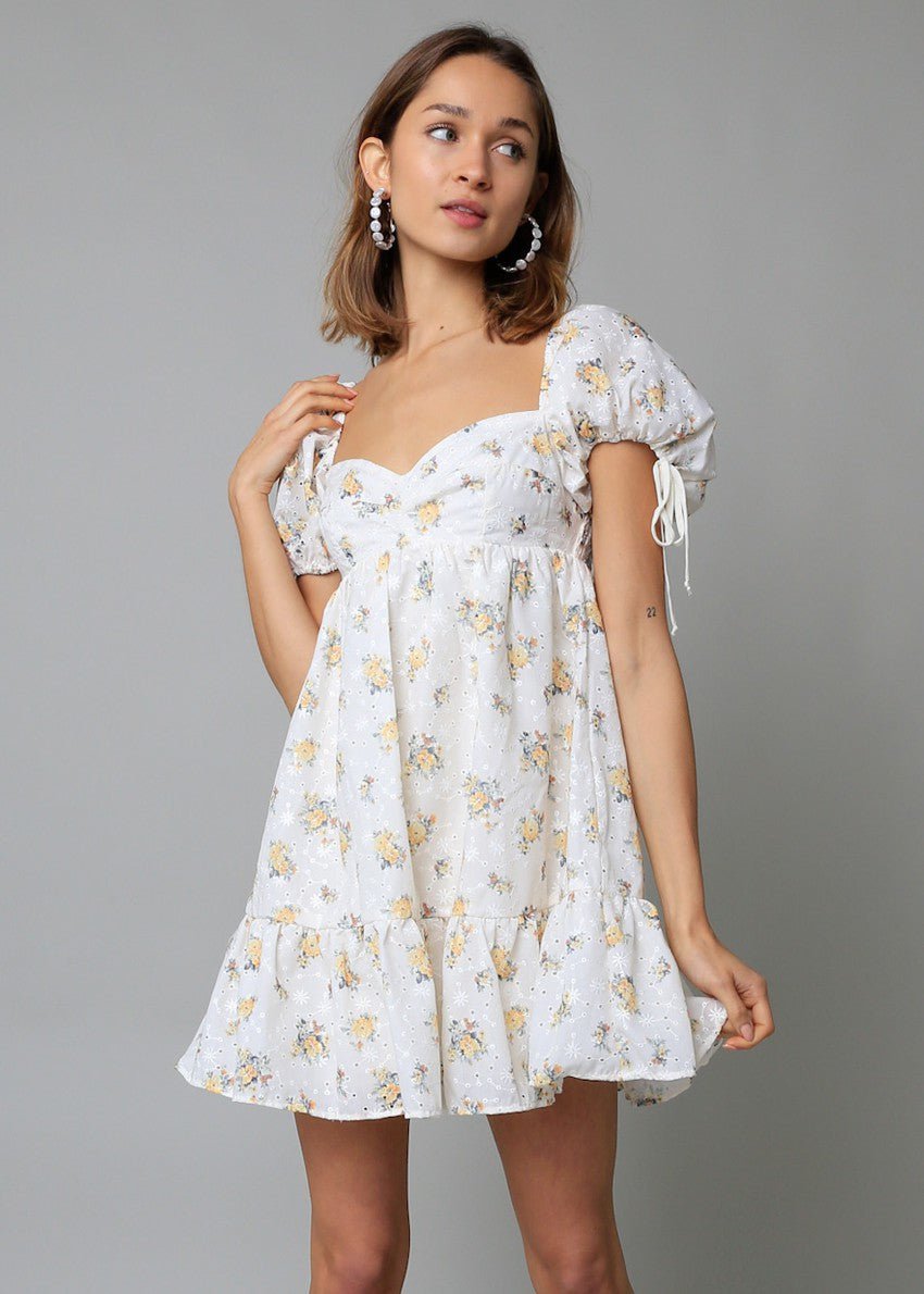 White & Yellow Floral Babydoll Dress - Puff Sleeve Dress | Boho Pink